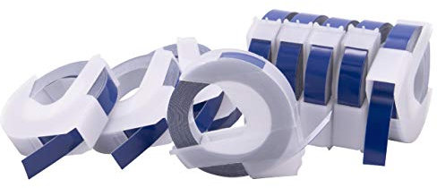 vhbw 10x 3D Prägeband-Schriftband-Kassette kompatibel mit Dymo Mini, Office-Mate II, Omega Etiketten-Drucker 3m x 9mm Weiß auf Blau