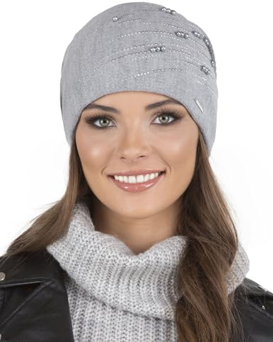 VIVISENCE Damen Mütze Strick Warm Fleece Zirkonia Perlen Elegant Winter 7012, Hellgrau,Einheitsgröße