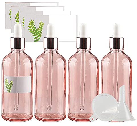 TIANZD 4 Pièces 100ml Flacons en Verre Rose avec Pipettes, 100 ml Bouteilles Compte-gouttes en Verre Vides avec Bouchon à Vis Rose Pour Les Huiles Essentielles Aromathérapie