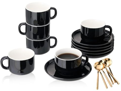 CHILDIKE Porcelain Coffee Cups and Saucers Set of 6 with Gold Spoon 220 ml/8oz, Ceramic Black Cappuccino Cups for Tea, Coffee, Latte, Mocha