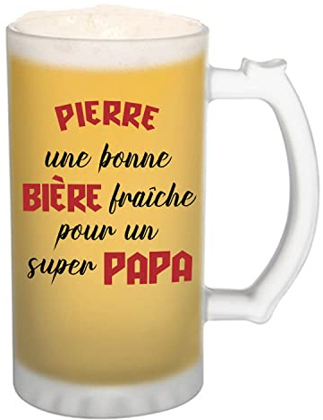 Planetee Chope de bière Pierre Super Papa - cadeau idée anniversaire Fête des Pères Humour - Verre givré 470 ml avec poignée Alcool Pinte