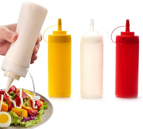 BERRYLION 3 Pcs 12oz Plastic Squeeze Sauce Bottles with Nozzle Caps, Reusable Squeeze Condiment Bottles Dispensers Suitable for Mustard Olive Oil Jam Ketchup Salad Dressing(300ML)