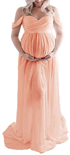 Loalirando Robe de Grossesse Shooting Photo en Mousseline de Soie Léger, Robe de Maternité Maxi-Longue Epaule Dénudée pour la Photographie (Rose, M)