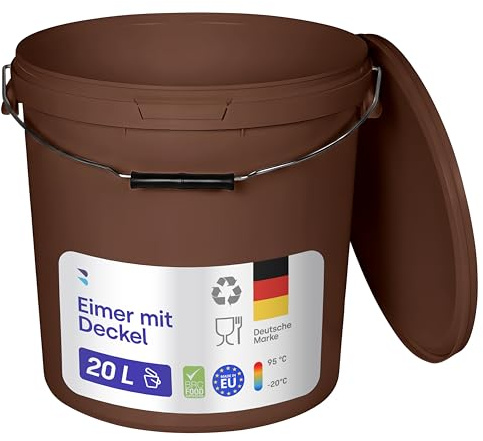 BenBow - Eimer mit Deckel braun 5X 20 Liter - lebensmittelecht stabil luftdicht auslaufsicher geruchsneutral - Aufbewahrungsbehälter aus Kunststoff - Metalgriff - Rissfester Griff, leer - zur Hause