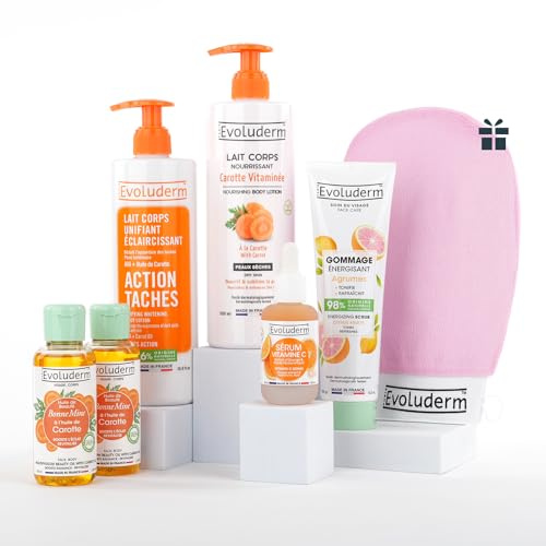 EVOLUDERM Routine Éclat 6 Produkte für Gesicht & Körper – 1 Milch + 2 Karottenöl + 1 Serum Vitamin C + 1 Zitrus-Peeling + 1 Aufhellungsmilch für Aufgaben – Geschenkidee – hergestellt in Frankreich