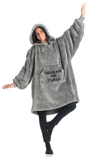 CADEAUX.COM - Plaid à Capuche Personnalisable avec Message et Prénom - Idée Cadeau Femme - Cadeau Maman Fête des Mères - Cadeau Anniversaire - Sweat Plaid Gris 100% Polyester