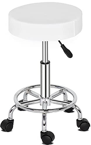 belupai Runder Rollhocker aus PU-Leder, hydraulischer Gasdruckfeder, höhenverstellbar, Drehstuhl, Salon-Massagehocker mit Fußstütze, für Friseure, Schönheit, Maniküre (weiß)