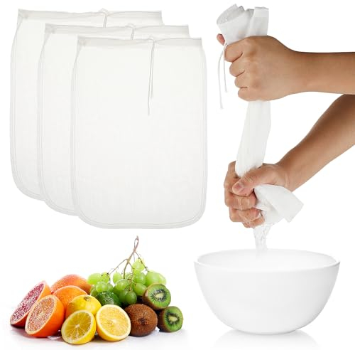 Dimeho 3 Stück Nussmilchbeutel Feinmaschiges Passiertuch Nylon Nussbeutel Käsetuch Bio Baumwolle Filtertuch Siebbeutel Kordelzug Seihtuch für Käse Fruchtsaft Kaffee Gemüsesaft