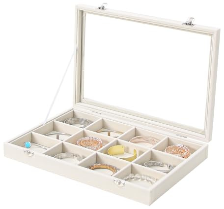Boîte d'Organisateur de Bijoux Coward, Plateau de Présentation de Bijoux en Velours Beige avec 12 Compartiments pour Bracelets, Bagues, Colliers, Couvercle en Verre Transparent pour Tiroir de Maison
