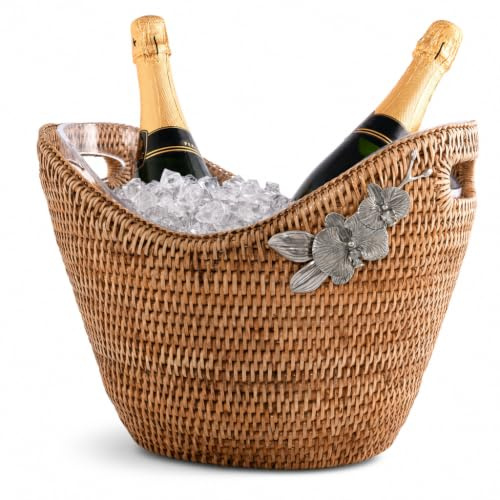 Vagabond House Rattan Wicker Champagne Bucket - Luxury Boho Outdoor Cooler, Ice Holder for Party with Orchid Pewter Accent - Holds Packs of Beer, Wine, Soda Removable Acrylic Lining, Cutout Handles