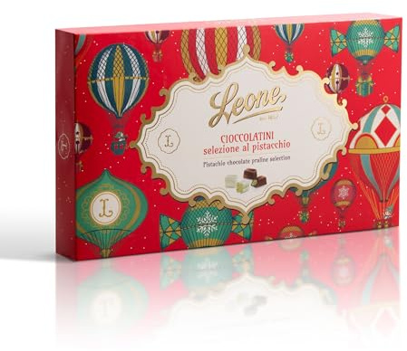 Leone depuis 1857 - Boîte Chocolats à la Pistache – Petits Lingots et Truffes à la Pistache - Édition Limitée Noël en Montgolfière - Coffret Cadeau 150 gr