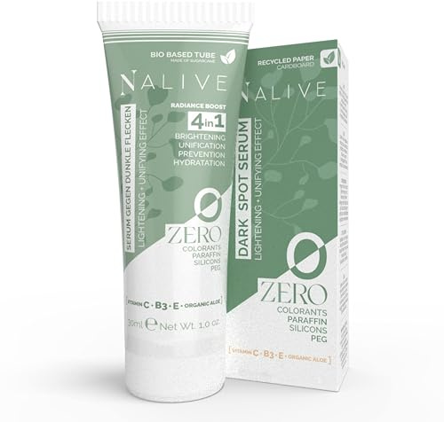 Nalive ZERO – Sérum anti-taches pour visage et le corps Hypoallergénique pour peaux délicates, Vitamines C-B3-E, Sérum éclaircissant taches sombres, SANS paraffine silicones colorants parfum Peg, 30ml