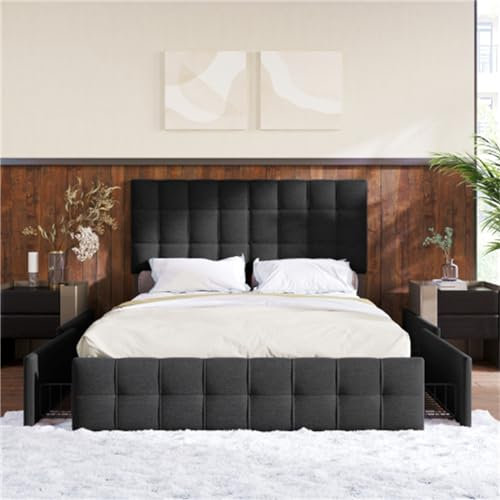 Gepolstertes Doppelbett Mit 4 Schubladen, Höhenverstellbarem Kopfteil, Lattenrost Aus Metall, 140 X 200 cm, Geeignet Für Schlafzimmer Für Erwachsene Und Jugendliche(Color:Schwarz+Ohne Matratze)