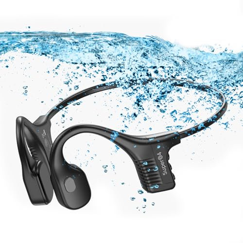 IPX8 Waterproof Bone Conduction Headphones Swimming Underwater Bluetooth Headsets with MP3 Player Open Ear Headsets with Mic Wireless Earphones Built-in 32GB Memory for Running Cycling Gym Workouts