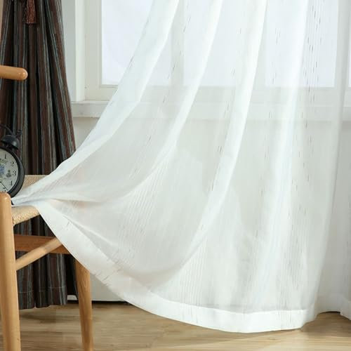 Beydodo Gardinenschals mit Schlaufen Halbtransparent, Weiß Vorhänge 2er Set Einfarbig mit Gestreift Muster 137x244CM Gardinen Polyester Lichtdurchlässig Schiebevorhänge Wohnzimmer