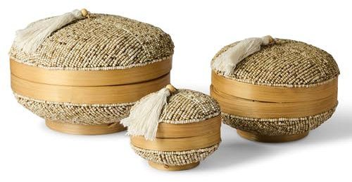 Karmagonia 3er Set Aufbewahrungsbox mit Deckel aus Bambus - handgemachte Boho Deko Boxen mit Perlen bestickt - Aufbewahrungskorb rund, Deko Korb geflochten