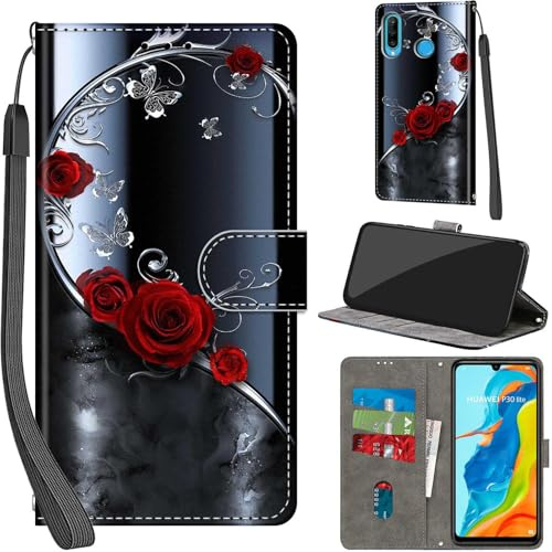 Handyhülle für Huawei P30 Lite Hülle, silberner Schmetterling | PU Leder, Klappbar, Kartenfächer, Ständer, Kameraschutz, Brieftasche, Magnet, Stoßfeste, Muster Motiv