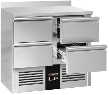 GGM Gastro Kühltisch 900x700mm mit 4 Schubladen und Aufkantung | Hochwertiger Edelstahl AISI 304, für den Dauereinsatz, einfache Reinigung durch gerundete Innenecken, energieeffizient
