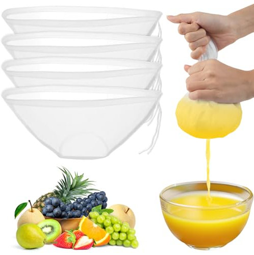 Nussmilchbeutel, 4 Stück Passiertuch Wiederverwendbar, Schüsselform Passiertuch Nylon Filterbeutel Nussmilchbeutel Bio Waschbar mit Kordelzug für Nussmilch Käse Kaffee Joghurt Fruchtsaft