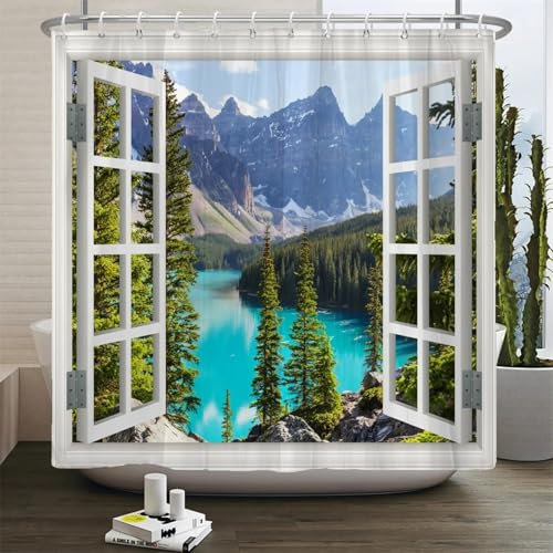 JGGXHM Finestra esterna scenario naturale tende da doccia pianta fiore foresta spiaggia paesaggio arredamento casa tenda da bagno impermeabile 107x205cm/WxH