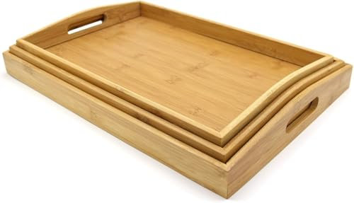 Bamboo Serving Tray - Set of 3 | Kitchen Wooden Platters | Breakfast in Bed | Tea Tray | TV Lap Trays for Eating | Tea Trays with Handles | Party Serving and Platters