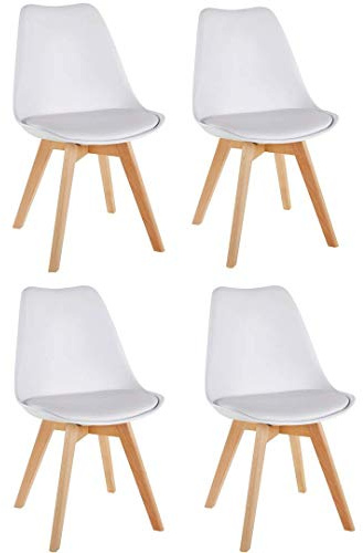 Millhouse Dining Chair with Solid Wood Legs and Cushioned Pad, Contemporary Designer for Lounge, Office, Kitchen (White, Set of 4)