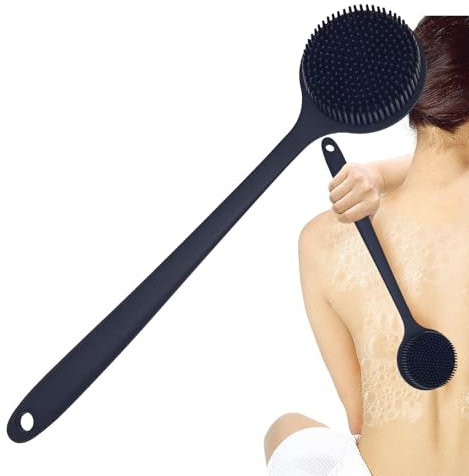 Rückenbürste Für Die Dusche – Körperbürste Aus Silikon Mit Langem Griff, Doppelseitige Massagebürste, Peeling-Körper-Rückenbürste Mit Weichen Borsten, Unisex - Schwarz