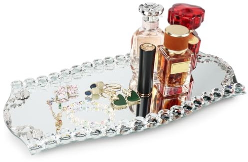Spiegeltablett, Schmucktablett mit Diamanten, Schminktisch Deko, Badezimmer Tablett, Schmucktabletts, Schlüsselablage, Anti-Rutsch-Design, 38x18 cm