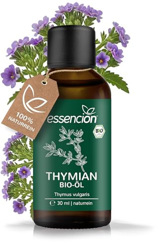Essencion - Olio di timo biologico 30 ml, puro olio essenziale di timo, 100% naturale, adatto per inalazione, aiuta con il raffreddore, gocce di timo, per uso orale, olio per raffreddore