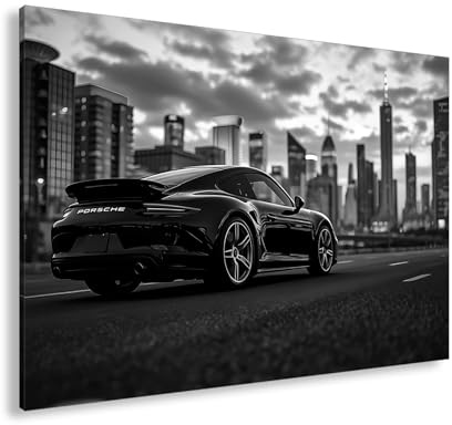 deyoli Schwarzer Porsche vor Skyline – elegant, schnell, urban. Format: 100x70cm Effekt:Schwarz&Weiß XXL Kunstdruck Motiv auf Holzrahmen/Leinwandbild/Wandbild/Wohnzimmer Dekoration