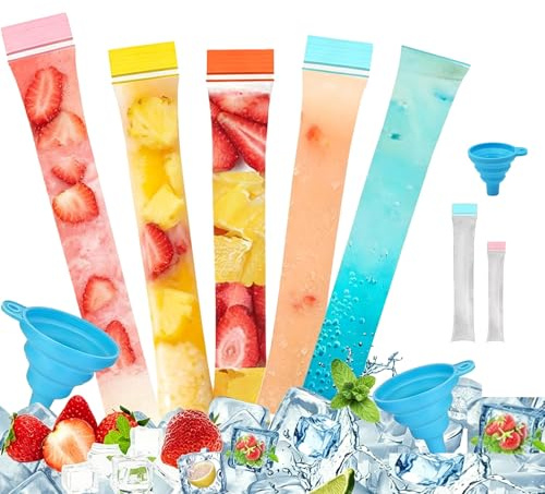 210 Pièces Sachet Glace à L'eau Sachet,Moule à Glace avec Entonnoir Sacs de Sucettes Glacées DIY Popsicle Pochettes Sans BPA pour Yaourt Jus Bonbons Glace Maison Party Favors (210)