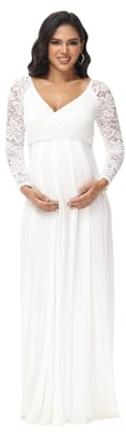LYXYGMV Spets moderskap fotografi klänning, V-ringad, långärmad, elegant maxiklänning för baby shower-fotografering (vit, L)
