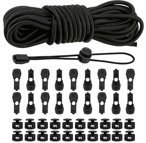 Cuerda elástica de goma negra de 10 m, 3 mm, cuerda de goma elástica con 40 topes de cuerda, 30 topes de cuerda, 2 agujeros