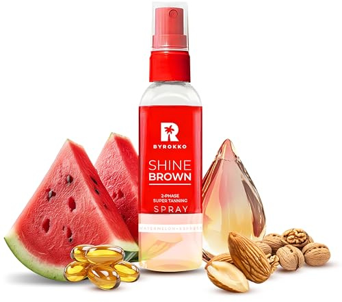 BYROKKO Shine Brown Spray Bronceador Bifásico Sandía (100 ml), acelerador con aceites naturales y ácido hialurónico, para sol y camas de bronceado, hidratante y rápida absorción