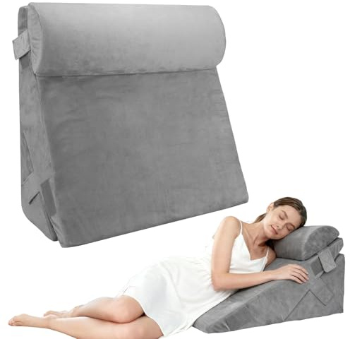 Neulriscn Bed Wedge Pillow, Memory Foam Triangle Pillow Wedge Cushion with Headrest for Acid Reflux, 10-in-1 Adjustable Bed Wedges for Sitting Up in Beds, Back Support Pillows for Leg Elevation