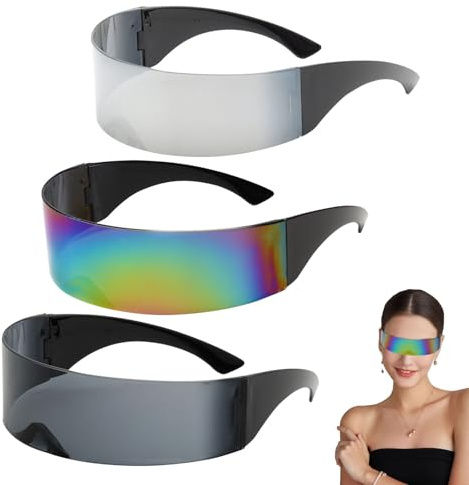 FOSDICK 3 Pezzi Occhiali da Sole Futuristici, Senza Bordi Cyberpunk Occhiali Festa, Alieni Occhiali Techno Rave per Uomo Donna Adolescenti Feste Bar Carnevale Cosplay Maschera(Colorato, Nero, Argento)