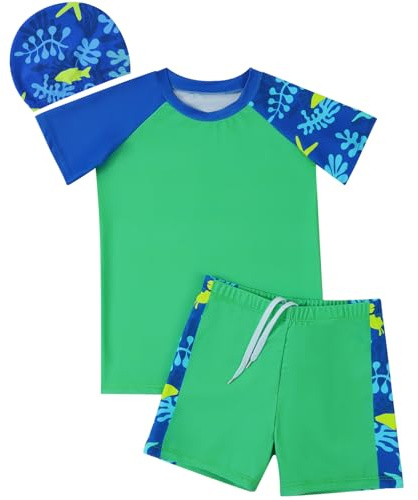 Valcatch Boys Swimming Costume 3 Piece Short Sleeve Swim Set, Ages 6-15Y | Sun Protection Rash Vest Swim Shirt, Trunks & Cap. Quick Dry Summer Swimsuit & Bathing Suit for Beach, Surf & Water Sports