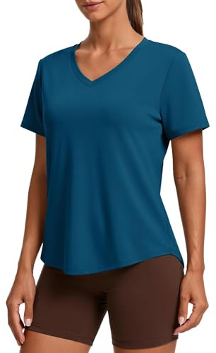 PINSPARK Damsportskjorta, kortärmad, V-ringad, sport-t-shirt, UPF 50, solskydd, snabbtorkande, yoga, fitness, andas, löpartröja, funktionströja, Mörkblå, XXL