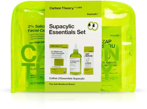 Carbon Theory Salicylic Acid Skincare Essentials Set | Complete Skincare Set for Blemish Prone Skin Including Face Serum, Toner and Face Cleansing Bar with Salicylic Acid.