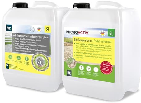 Höfer Chemie Kit Anti-Dépôt Vert 1 x 5 L & Imprégnation pour Pierre et Béton 1 x 5 L – Élimine Algues, Mousses et Protège Durablement Terrasses, Pavés et Allées