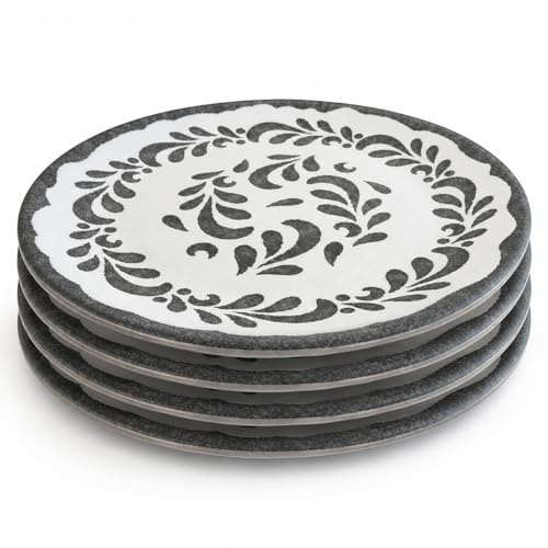 Pack 4 Platos Llanos Melamina 25 cm | Estampado Mediterráneo Floral Gris | Vajilla Ceracor Estilo Talavera Resistente a Roturas, Apta Lavavajillas