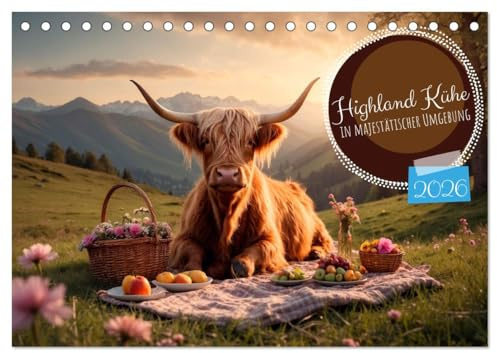 Highland Kühe (Tischkalender 2026 DIN A5 quer), CALVENDO Monatskalender: Highland Kühe in verschiedenen Landschaften und anmutigen Sonnenuntergängen (CALVENDO Tiere)