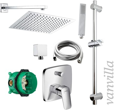 vanvilla Duschsystem Unterputz mit Duscharmatur Hansgrohe poliert HG09 | Duscharmatur von Hansgrohe Logis Einhebelmischer und vanvilla Regendusche Duschkopf eckig, Duschstange Dusch-SET poliert