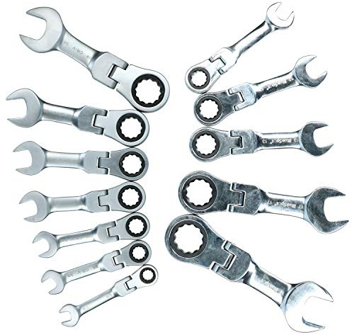 AB Tools Metric + Imperial Stubby Flexible Flexi Combination Ratchet Spanner Set 12pc