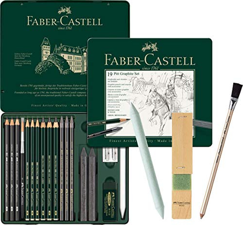 Faber-Castell - Pitt Graphite Set im Metalletui, medium, 19 + 3 -teilig (inklusive Radierstift mit Pinsel, Papierwischer und Minenschärfblock)