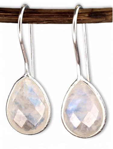 MadamLili - Ohrringe Mondstein Set - Silber 925 Sterling - Tröpfchen Hängend - Moonstone Ohrhänger Edelsteinschmuck - Naturschmuck - Handgefertigt - Exklusive Schmuckbox