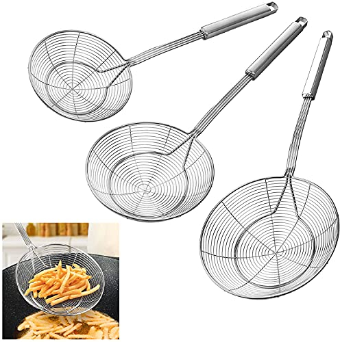KEISSCO Colador de araña de acero inoxidable para freír y cocinar, juego de 3 coladores asiáticos de alambre sólido, colador de pasta con mango largo, cucharón de espumadera profesional
