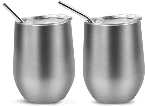 QUTHZZHY 2 Stück Weinbecher Edelstahl, 12 OZ Thermotasse mit Deckel, Geschenk zum Valentinstag, Weinbecher To Go, Doppelwandigen Isolierte Vakuumisoliert Weinglas (Hellgrau)