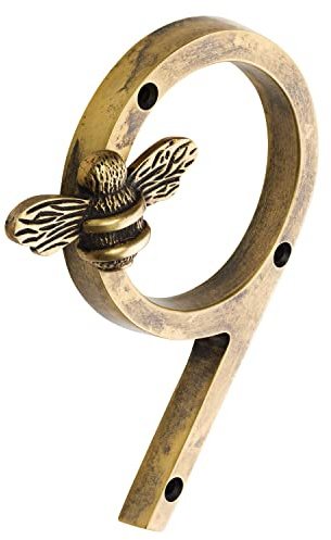 Heritage Brass bee House Number with Bee design | 5 inch Modern Door Sign Numbers Signs Plaques | Street Home Address Numerals (9)