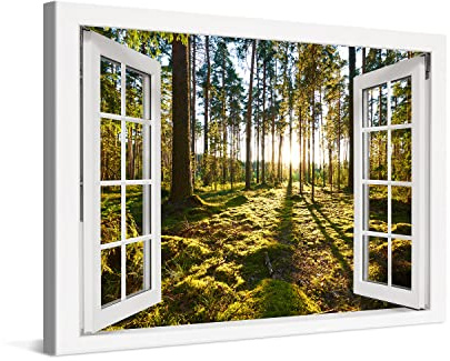 PICANOVA – Amanecer en el Bosque de Pinos Ventana 120x80cm – Cuadro sobre Lienzo – Imagen Impresión Montado sobre Marco De Madera – Cuadro Decoración Moderno Para Salón o Dormitorio – Colección Bosque